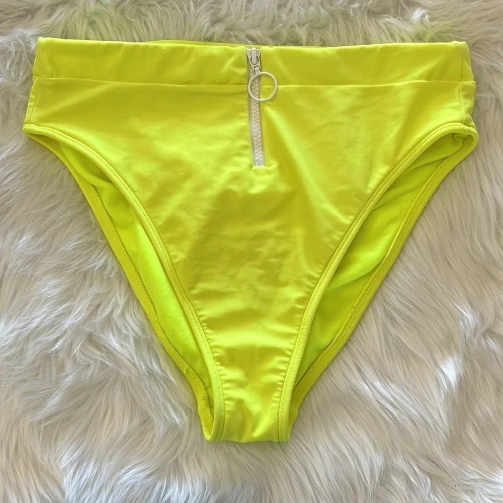 Neon Yellow High Waisted Bikini Bottoms with Zipper Size Large